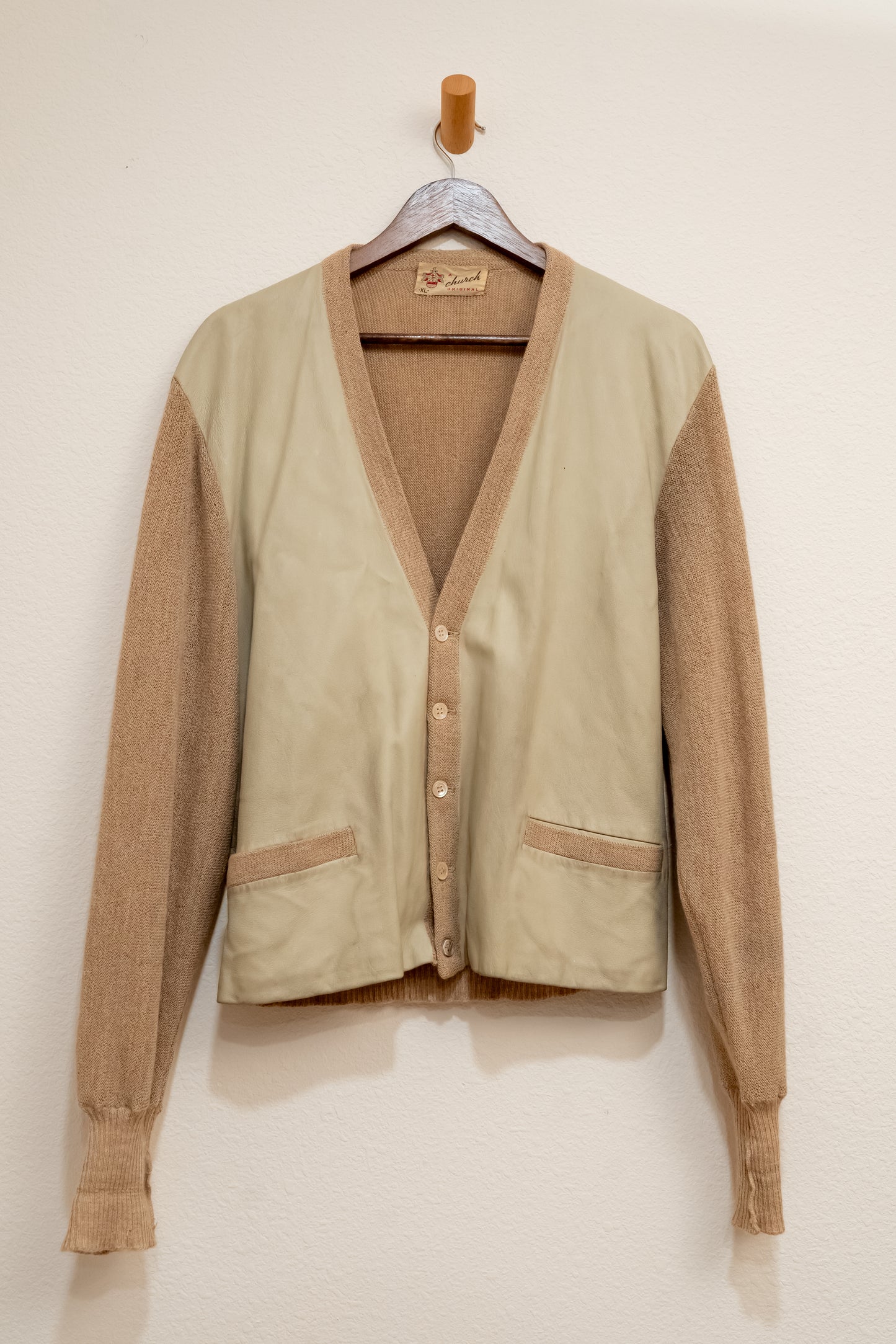 Vintage 50s Wool and Leather Church Cardigan Sweater